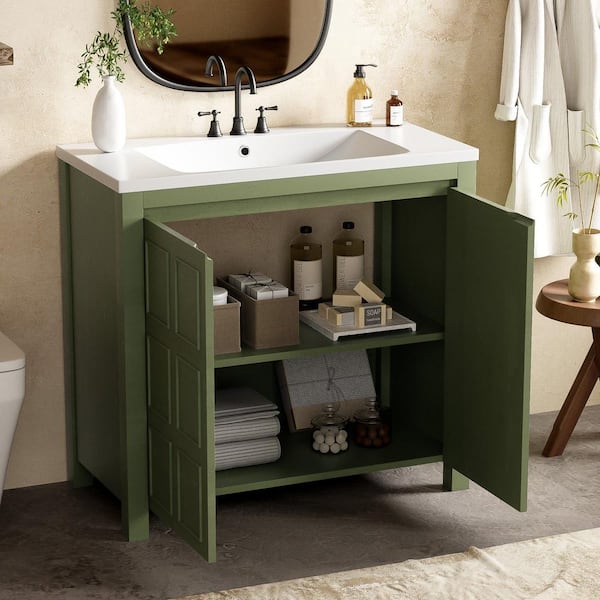 36 in. W x 18 in. D x 34 in. H Single Sink Freestanding Bath Vanity in Green with White Resin Top and Storage Cabinet