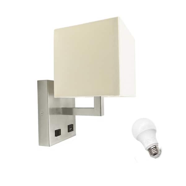 6 in. 1-Light Brushed Nickel Wall Sconce with White Fabric Shade, Modern Vanity Light for Bedroom, Bathroom or Hallway