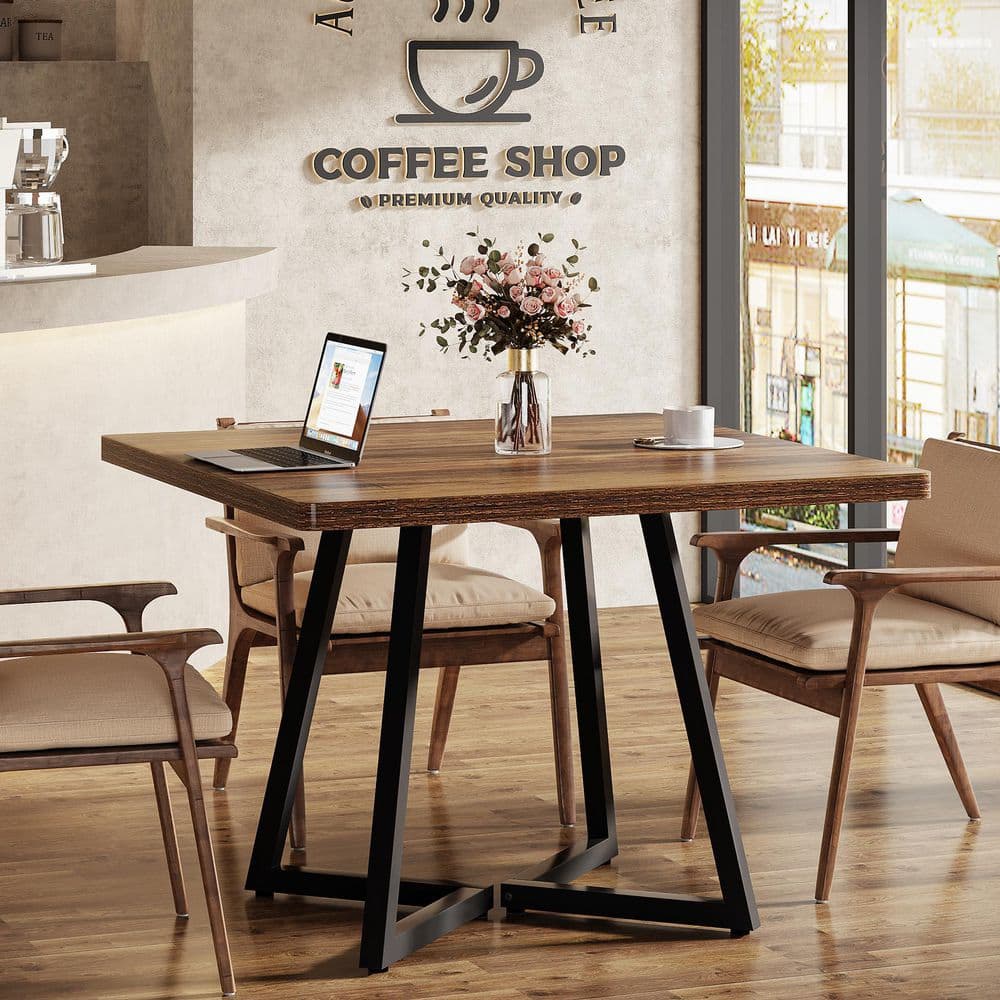 Roesler Rustic Brown Wood 31.5 in. Metal Trestle Dining Table Set of 2, Square Dinner Table for Restaurant (Seats 4)