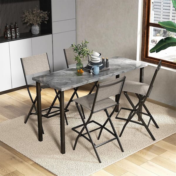 Gymax Folding Metal Outdoor Bar Stools (Set of 6) Patio Sling Chairs w/ Backrest Humanized Footrest Coffee