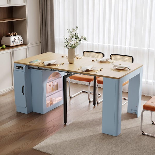 Brelith Grey-Blue and Natural Wood 4 Legs Extendable Dining Table with Removable Middle Leaves,Storage Cabinet,Seats 4/5
