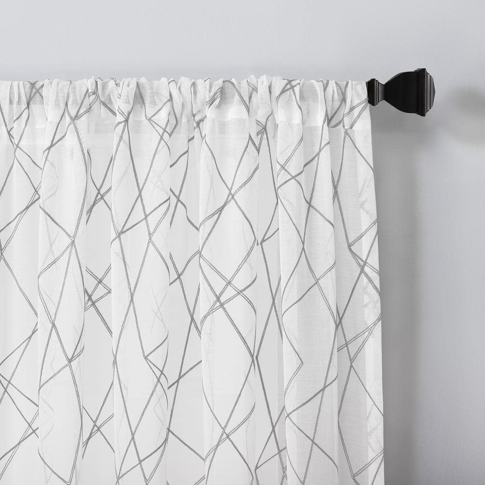 Gray Geometric Embroidery Semi-Sheer Rod Pocket Curtain Panel, 50" x 63"