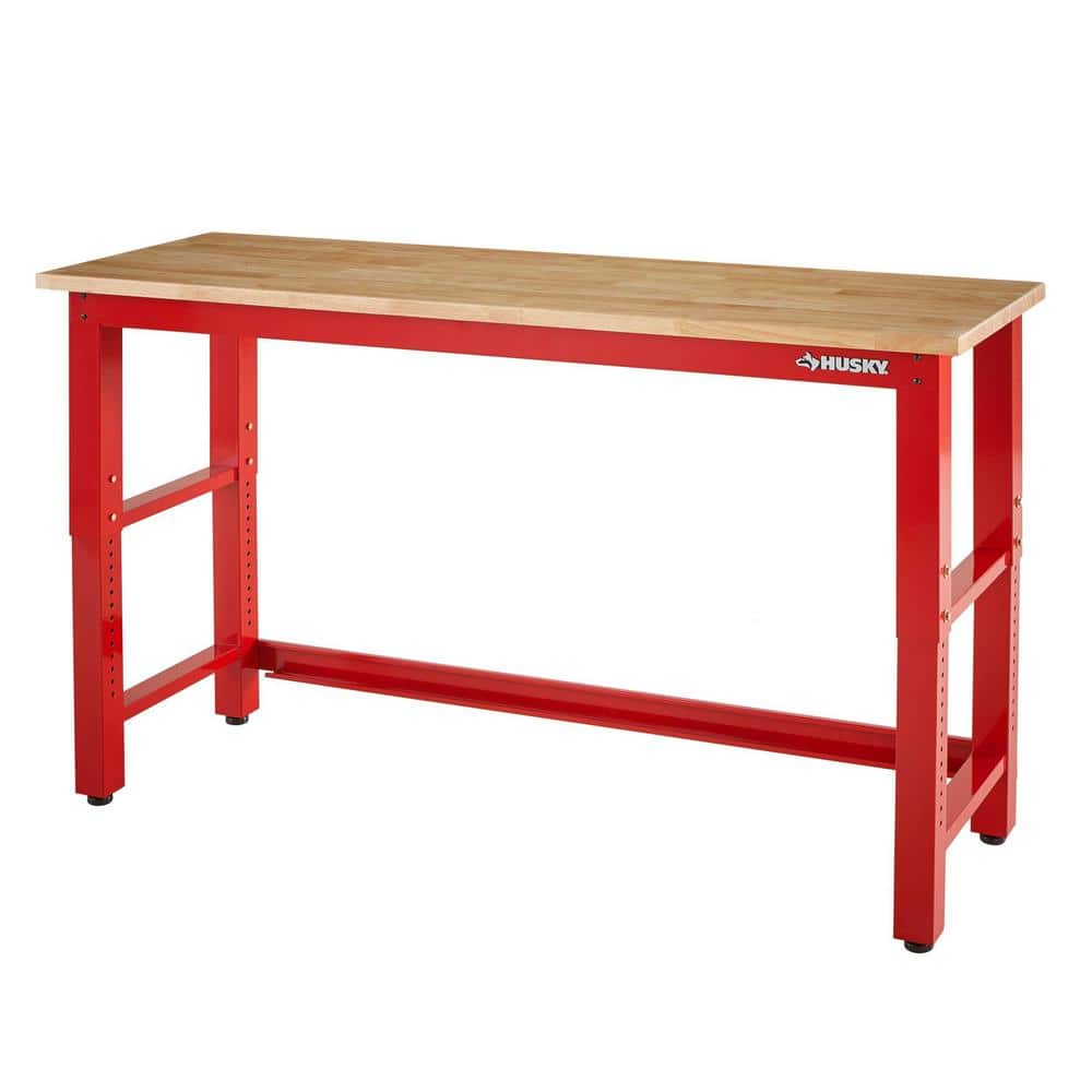 Husky 6 ft. Adjustable Height Solid Wood Top Workbench in Red for Ready to Assemble Steel Garage Storage System