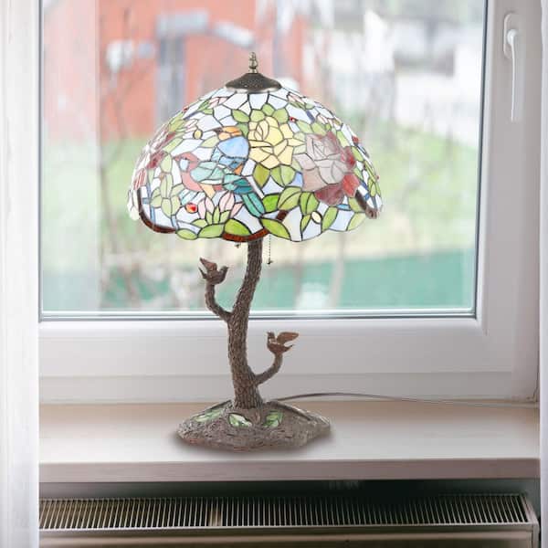 Bella 25 in. Bronze 2-Light Stained Glass Novelty Tree Base Table Lamp with Multicolor Shade