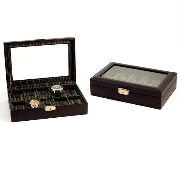 BEY-BERK 12 in. D x 3 in. H x 8 in. W Leather Watch Case in Brown