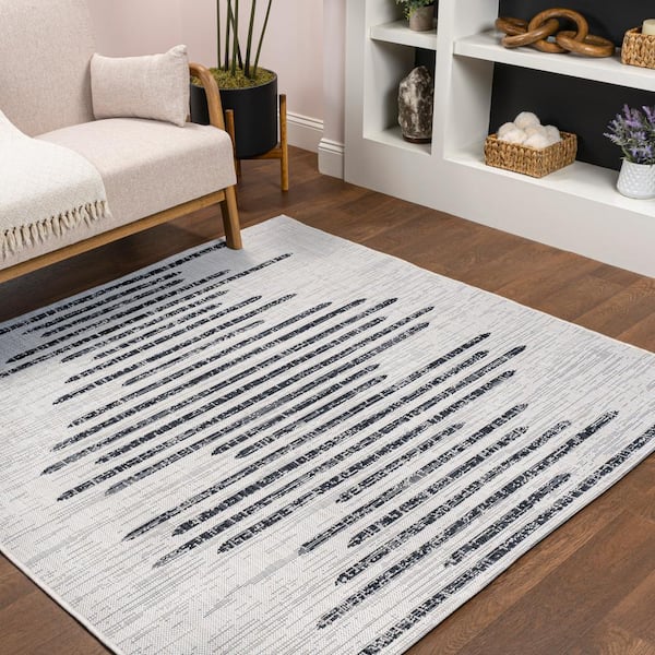 Zolak Berber Stripe Geometric Ivory/Black 4 ft. Square Indoor/Outdoor Area Rug