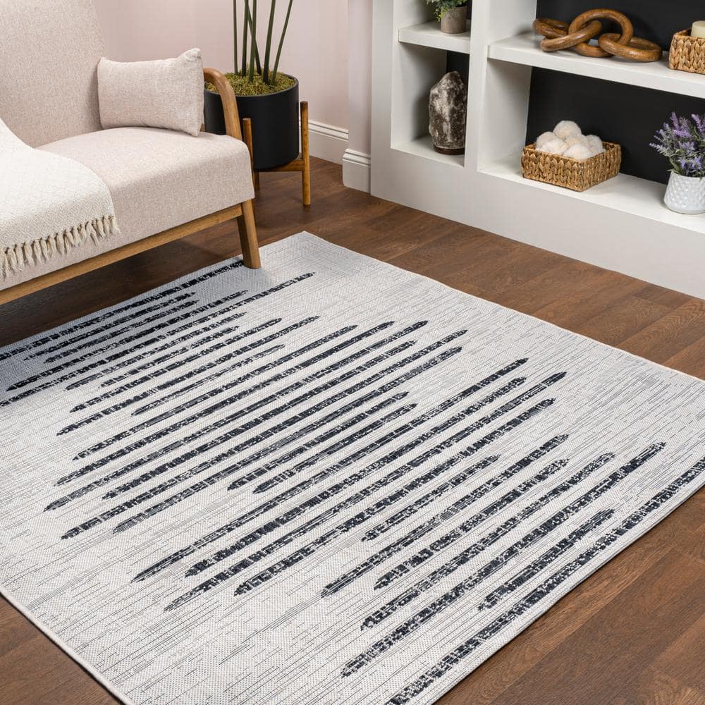 JONATHAN Y Zolak Berber Ivory/Black 8 ft. Stripe Geometric square Indoor/Outdoor Area Rug