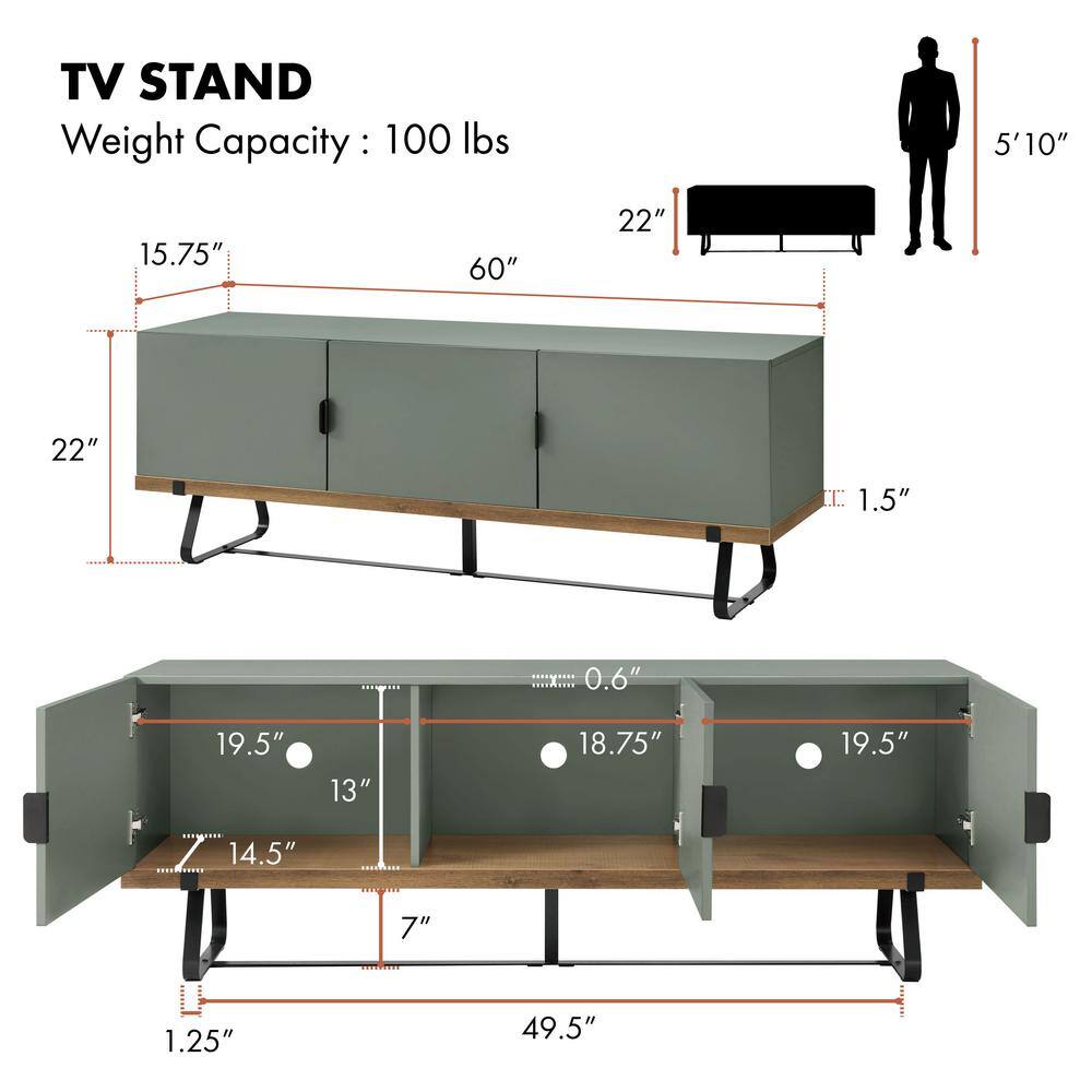 Sage Green and Distressed Oak Modern TV Stand with Cabinet