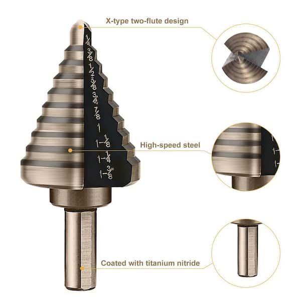 Titanium-Plated High Speed Steel Step Drill Bit Set (5-Piece) with Case