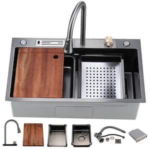 Zero Radius Drop-in 16G Stainless Steel 30 in. 4-Hole Single Bowl Workstation Waterfall Kitchen Sink, Pull-Down Faucet