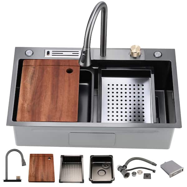 YASINU Zero Radius Drop-in 16G Stainless Steel 30 in. 4-Hole Single Bowl Workstation Waterfall Kitchen Sink, Pull-Down Faucet