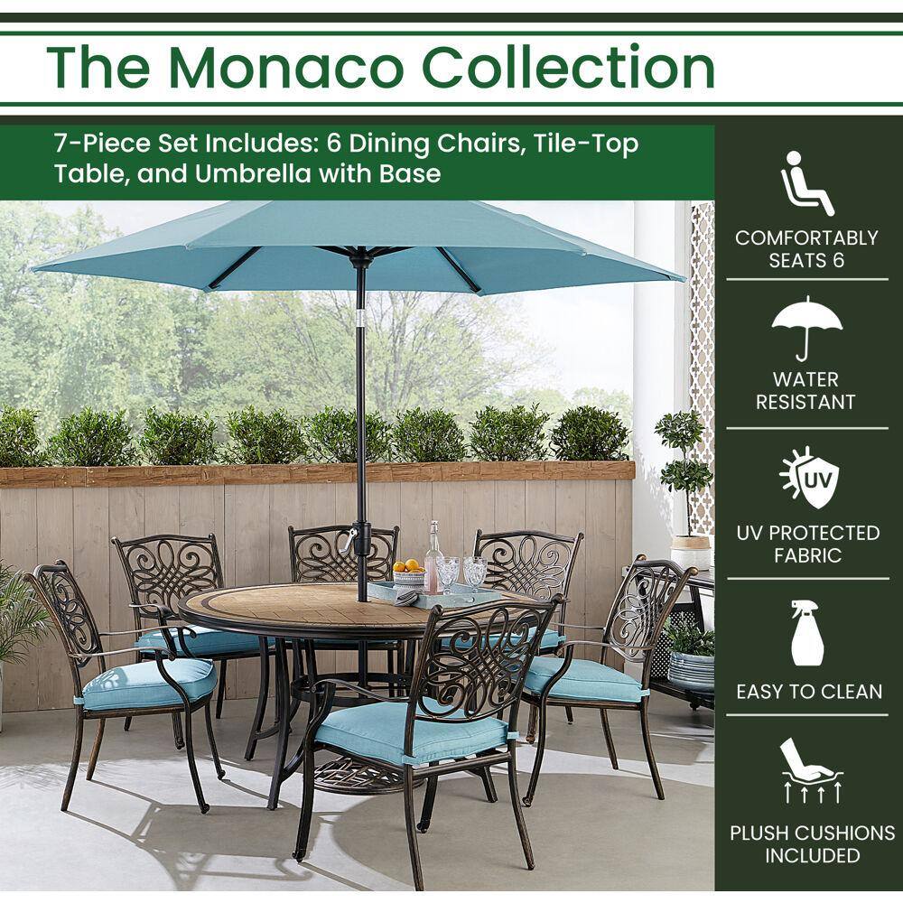 Elegant Monaco 60" Round Tile Dining Set for 6 with Cushions and Umbrella, Blue