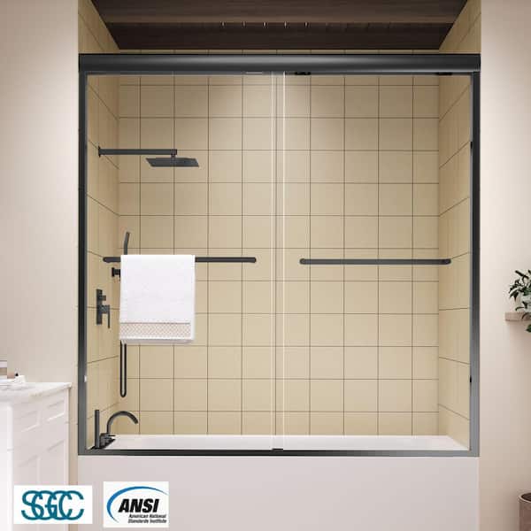 56 to 60 in. W x 58 in. H Sliding Framed Tub Door in Matte Black with Clear Glass