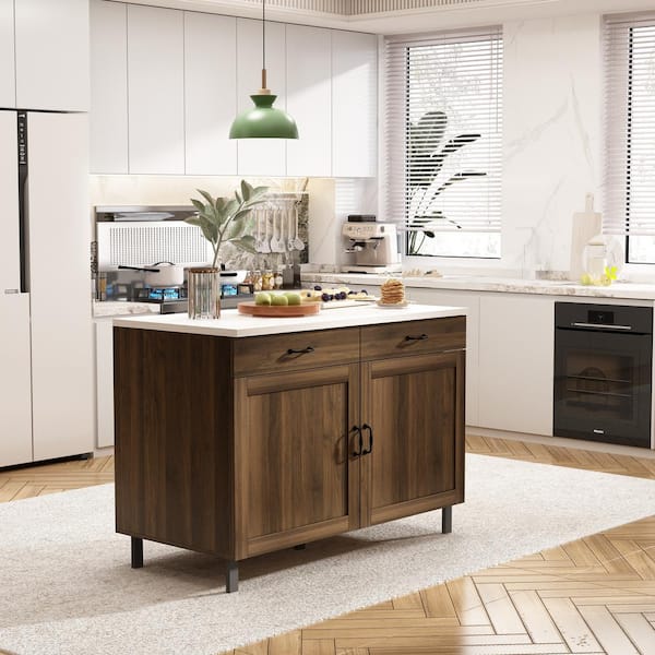 Burly Wood and White Wooden 47.2 in. Width Rectangle Sideboard, Storage Cabinet, Food Pantry with 2-Drawer and 4-Shelf