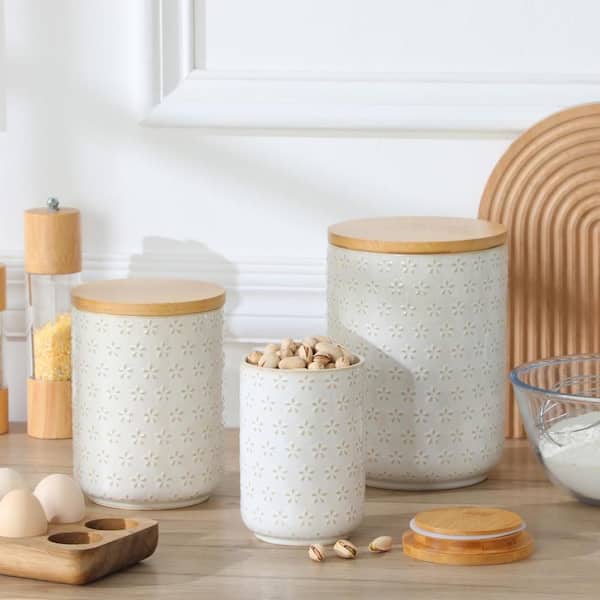 3-Set Ceramic Kitchen Organizer with Airtight Lids for Flour, Sugar, Pasta, Coffee, Cookies, Tea, 5-Leaf Canisters Set