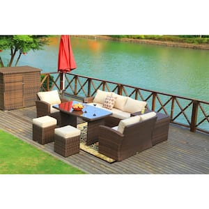 Beverly 7-Piece Steel Wicker Patio Furniture Outdoor Sectional Sofa Set with Beige Cushions and Ottomans