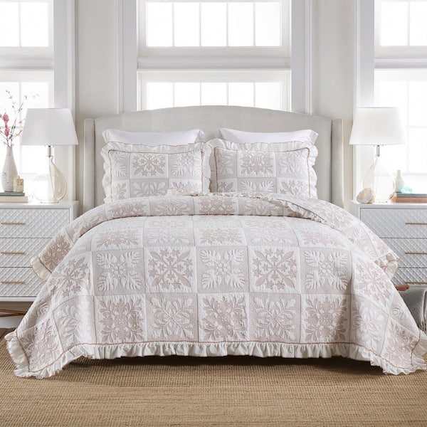 TJ135 Gold Floral King Size Cotton Ruffle Quilt Bedspread Set