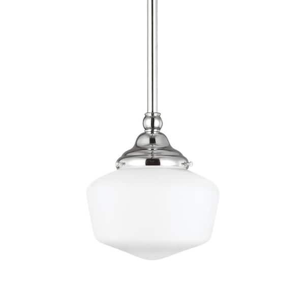 Generation Lighting Academy Small 6.75 in. W. x 7.5 in H. 1-Light Chrome Pendant with Satin White Glass Shade and Dimmable LED Bulb