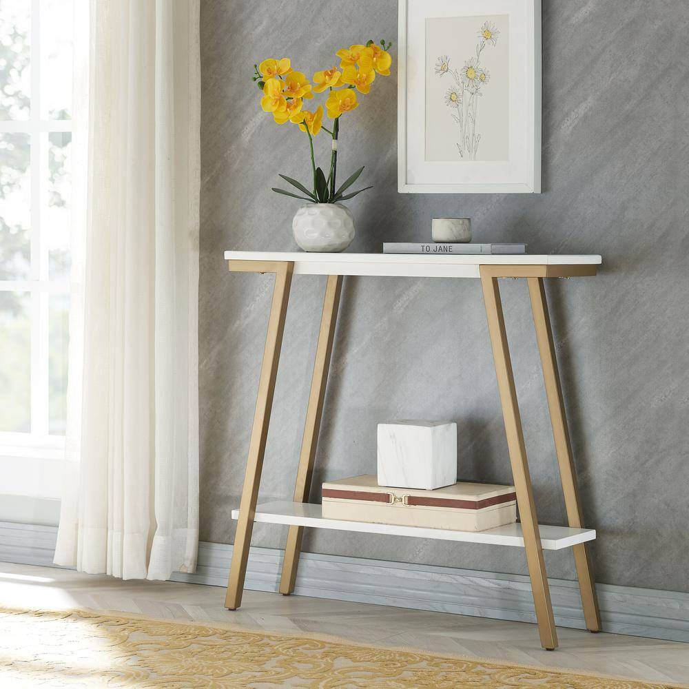 White Wood and Gold Metal Console Table with Storage