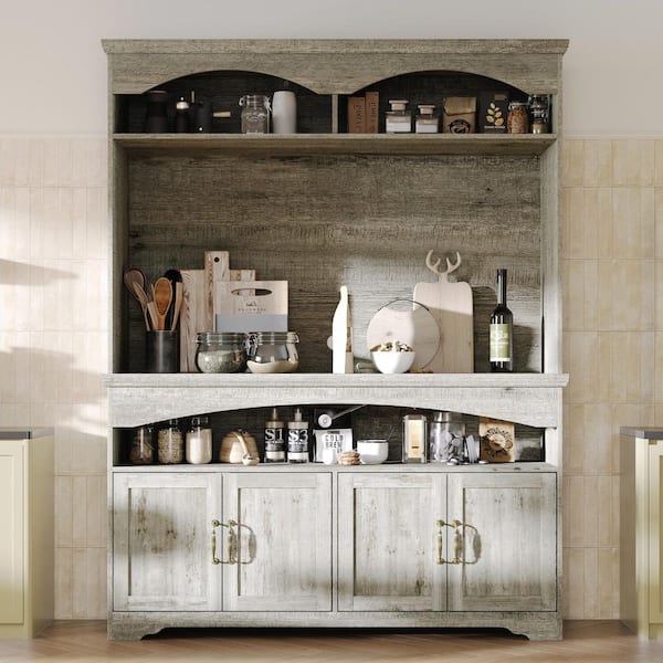 Brown Wood Buffet, Sideboard, TV Console Table, Storage Cabinet, Bookcase, 4 Open Storage Space & 4 Shelves with 4 Doors