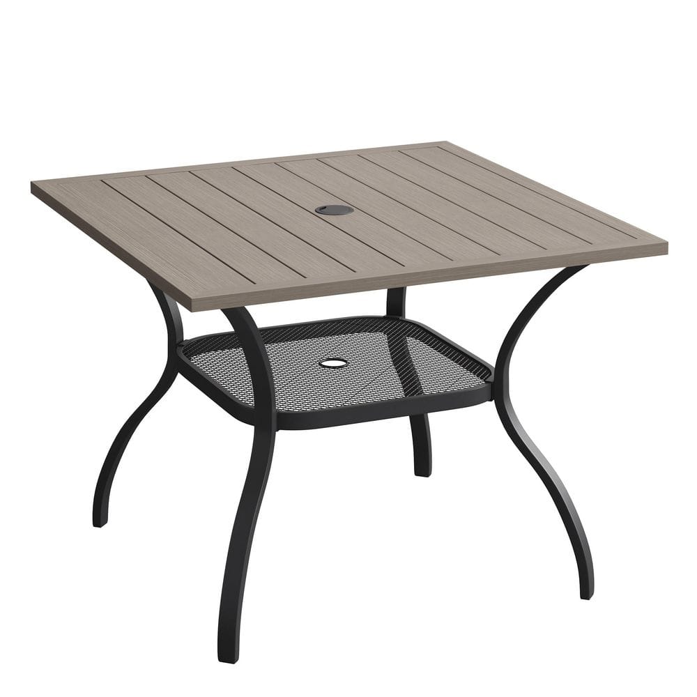37.8 in. Grey Wood-Like Metal Square Outdoor Patio Dining Table for 4 with Umbrella Hole, Ideal for Lawn Garden price history on PriceWatchPro
