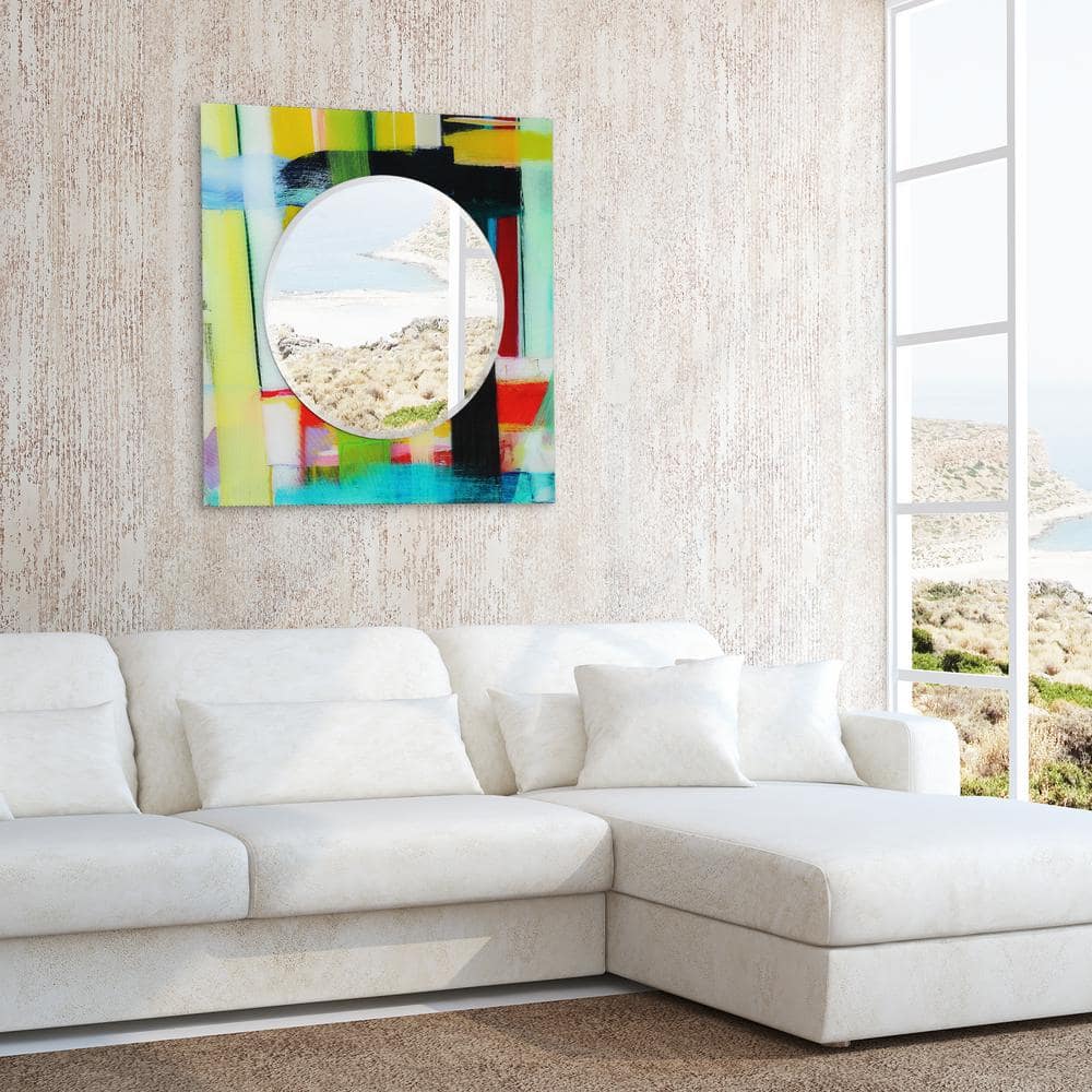 36" Round Frameless Beveled Mirror with Colorful Tempered Glass Frame