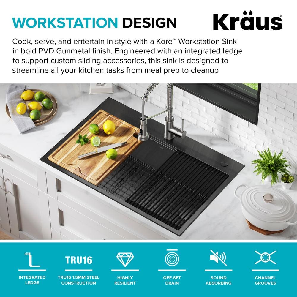 Kore 33" Black Stainless Steel Drop-In Single Bowl Kitchen Sink