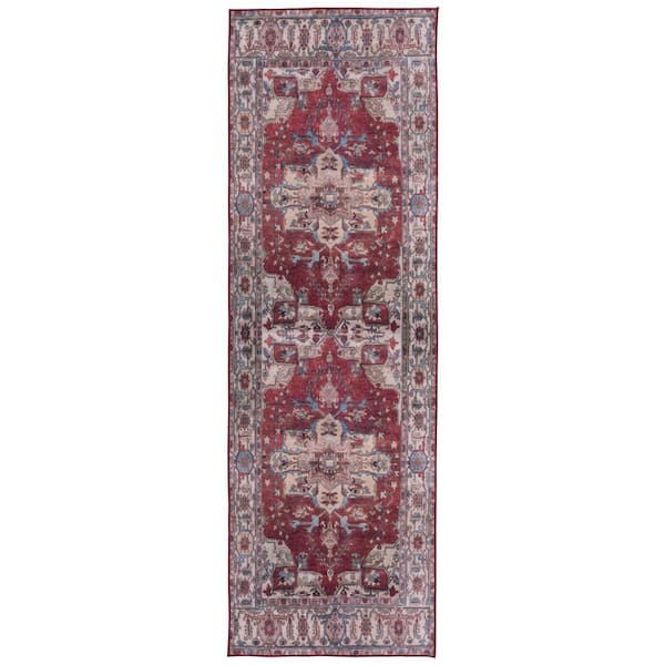 SAFAVIEH Tuscon Red/Beige 3 ft. x 14 ft. Machine Washable Floral Medallion Runner Rug