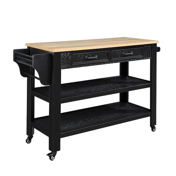 Unbranded Black Wood Kitchen Cart with Spice Rack, Drawer and Wheels, Kitchen Cart with Solid OAK Wood Top