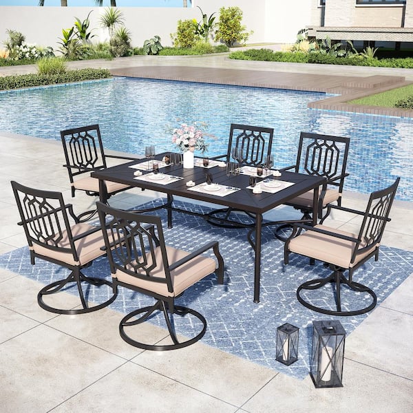 PHI VILLA Black 7-Piece Metal Outdoor Patio Dining Set with Rectangle Table and Fashion Swivel Chairs with Beige Cushions