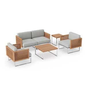 Monterey 4-Seater 5-Piece Stainless Steel Teak Outdoor Patio Conversation Set With Cast Silver Cushions