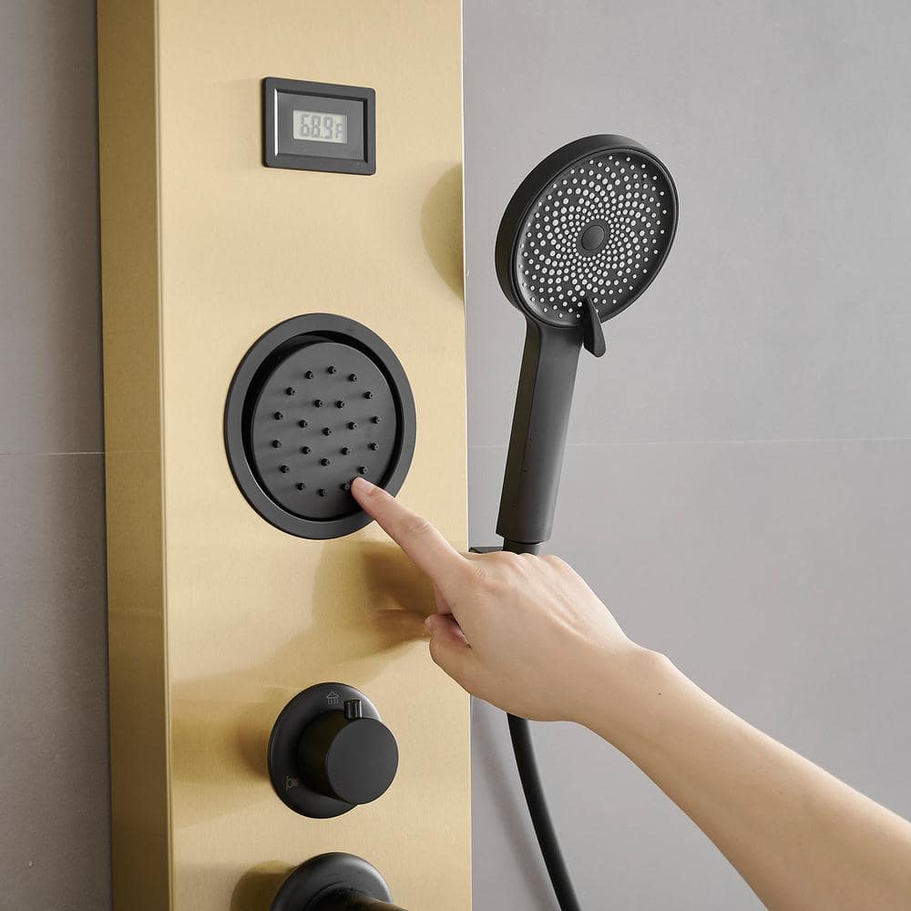 Gold and Black Stainless Steel Shower Panel System with Rainfall Shower Head
