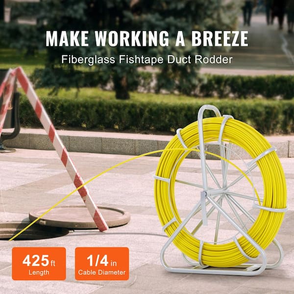 Fish Tape Fiberglass 425 ft., 1/4 in. Duct Rodder Fishtape Wire Puller with Steel Reel Stand, 3-Pulling Heads