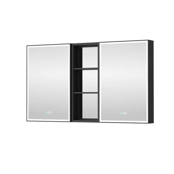 60 in. W x 30 in. H Rectangular Black Aluminum Recessed/Surface Mount LED Medicine Cabinet with Mirror and Outlet