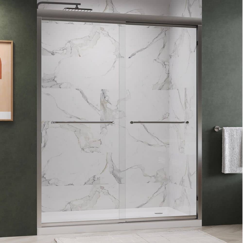 "Fusion 56 in. to 60 in. W x 75 in. H Double Sliding Framed Shower Door in Brushed Nickel with 5/16"" Clear Glass" price history on PriceWatchPro