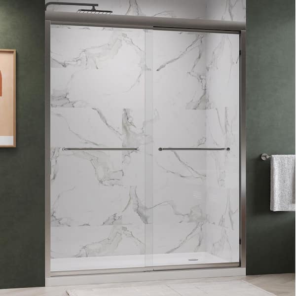 Fusion 56 in. to 60 in. W x 75 in. H Double Sliding Framed Shower Door in Brushed Nickel with 5/16 in. Clear Glass