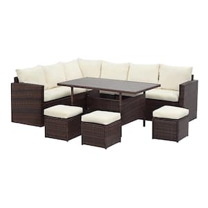 7-Piece Brown Wicker Outdoor Dining Set with Beige Cushions