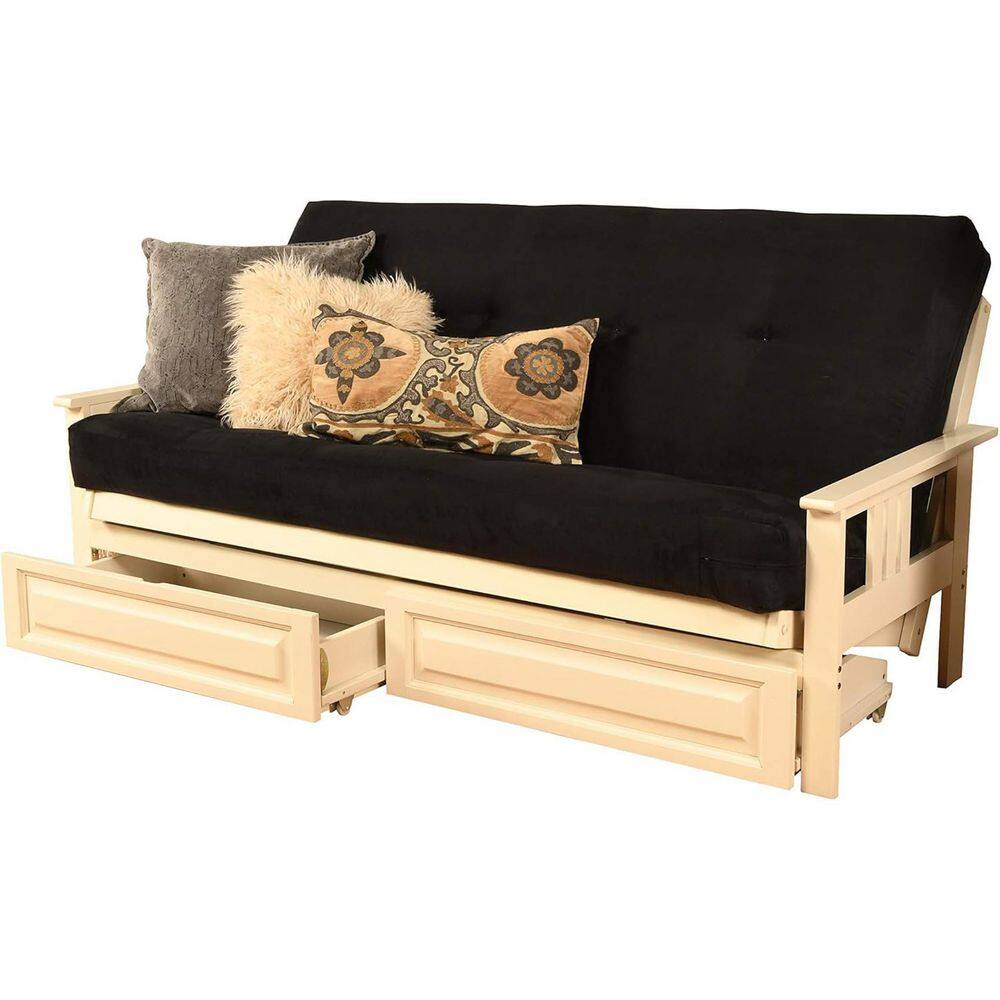 79 in. Antique White/Suede Black Polyester Upholstered Full Size Futon Set with Mattress and Storage Drawers