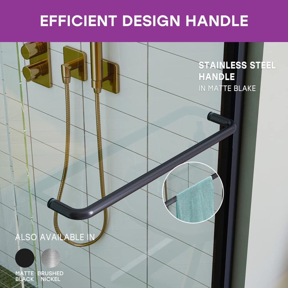 59" Matte Black Semi-Frameless Sliding Shower Door with Clear Glass