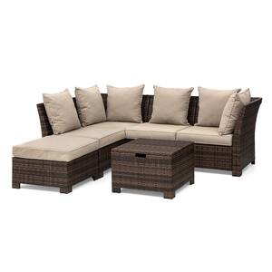 6-Piece Outdoor All-Weather Wicker Sectional Patio Conversation Set with Brown Cushions