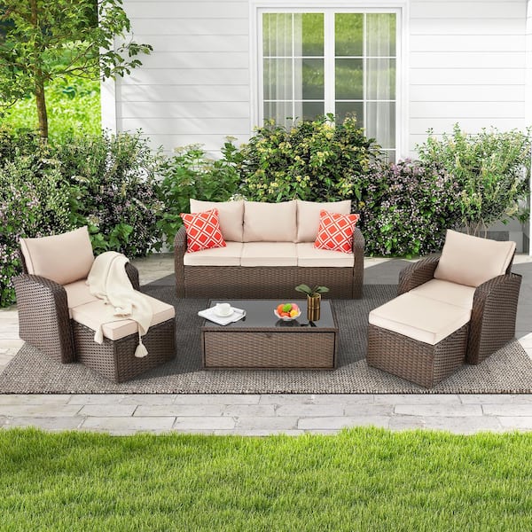 Cesicia 6-Pieces Wicker Outdoor Sectional Sofa Set Patio Conversation Sets with Ottomans, Pillows and Khaki Cushions