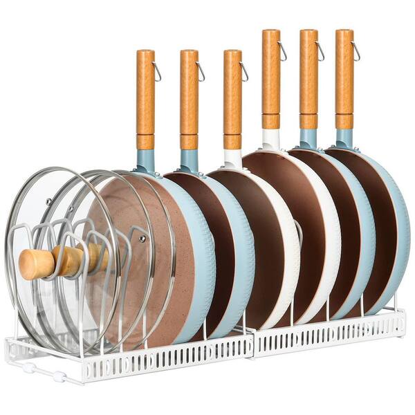 White Expandable Pot Rack Pot and Pan Organizer with 10 Adjustable Compartment for Kitchen Cookware and Pot Lid Storage