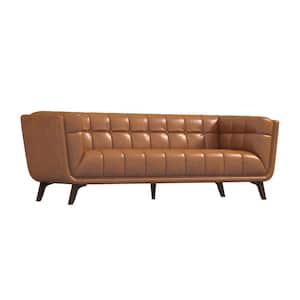 Kansas 86 in. W Square Arm Genuine Leather Luxury Comfy Sofa in Cognac Brown (Seats 3)
