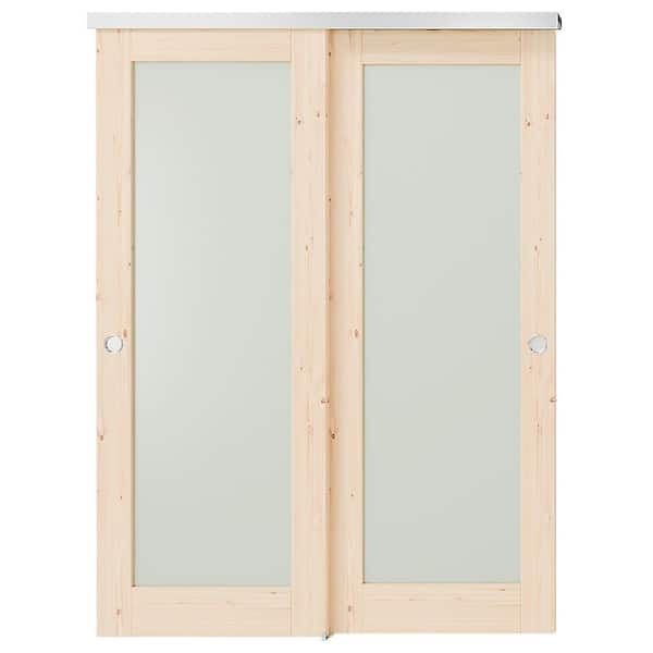 TENONER 60 in. x 80 in. Light Brown, Solid Core MDF Painted Double Full Lite Frosted Glass Panel Bypass Sliding Door w/ Hardware