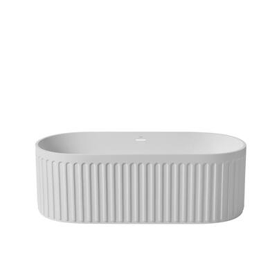 67 in. Stone Resin Flatbottom Solid Surface Striped Freestanding Soaking Bathtub in White with Brass Drain
