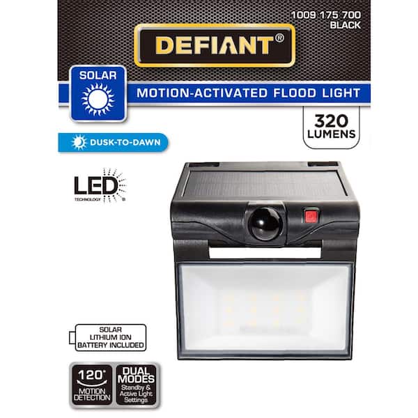 Defiant 120-Degree Black Motion Activated Solar Powered Outdoor 1-Head LED  Security Flood Light 320 Lumens K40425 The Home Depot