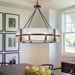 27.95 in. 8-Light Matte Black Round Dimmable Chandelier with Textured Glass Shade