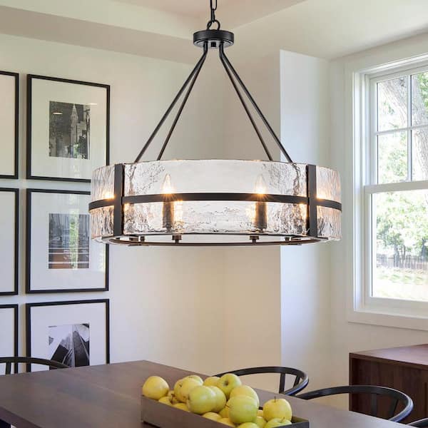 LLHZSY Dvorakova 27.95 in. 8-Light Matte Black Round Dimmable Chandelier with Textured Glass Shade