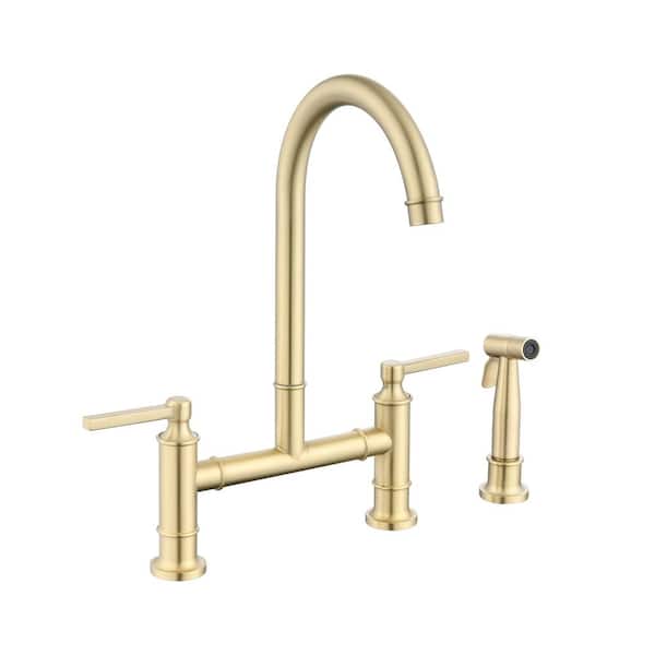 MYCASS Plato Double Handle Bridge Stainless Kitchen Faucet in Brushed Gold