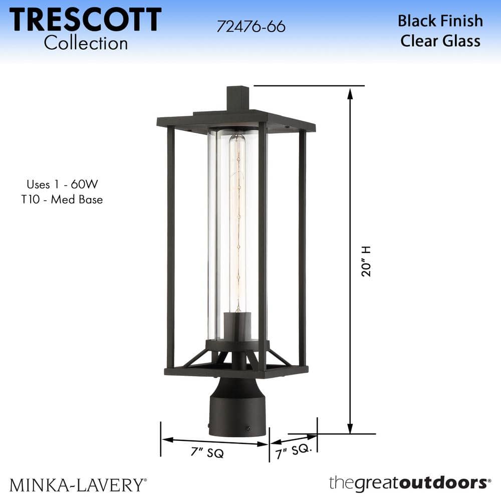 Black Metal Outdoor Post Light with Clear Glass Shade